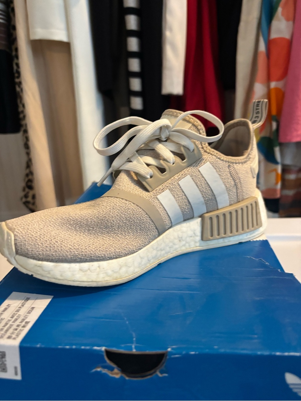 adidas Kids NMD R1 Sneaker - Beige with White Stripes